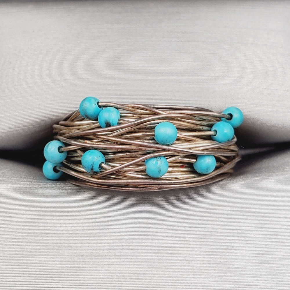 Genuine Blue Turquoise Multi Bead 925 Sterling Silver Artisan Wire Ring